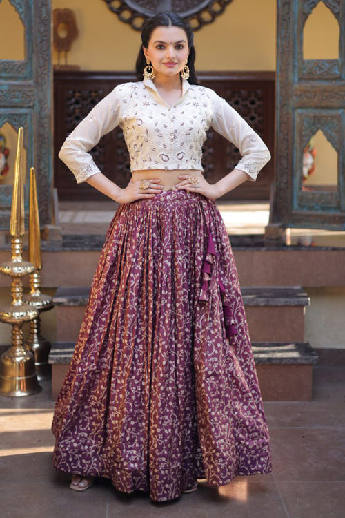 Purple Weaving Work Art Silk Readymade Skirt With Crop Top