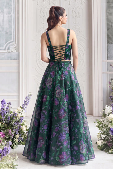 Dark Green Digital Floral Print Organza Skirt With Corset Top