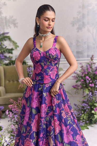 Organza Purple Floral Print Skirt With Designer Corset Top