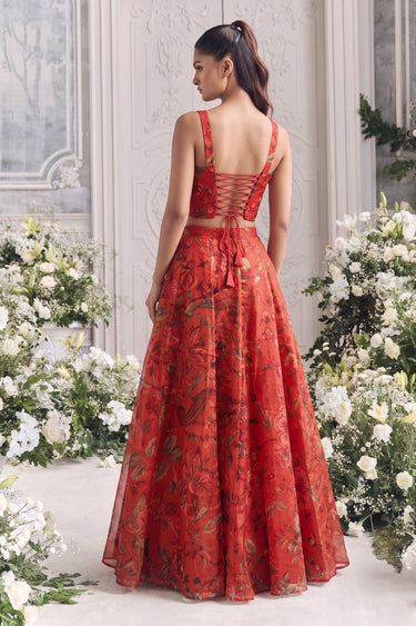 Digital Print Organza Red Skirt With Readymade Corset Top