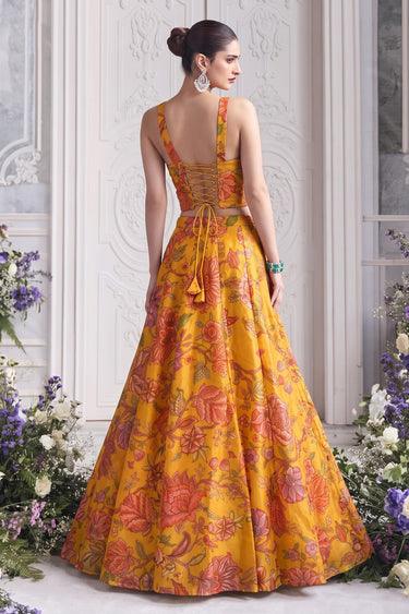 Designer Floral Print Organza Yellow Skirt With Corset Top