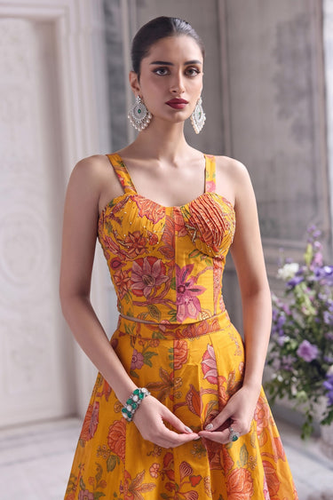 Designer Floral Print Organza Yellow Skirt With Corset Top