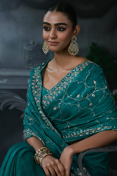 Festive Wear Glam Teal Tissue Silk Organza Lace Border Work Saree