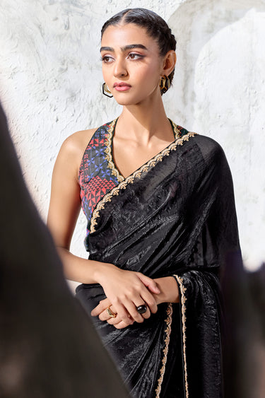 Designer Lace Work Black Function Wear Organza Silk Saree With Printed Blouse
