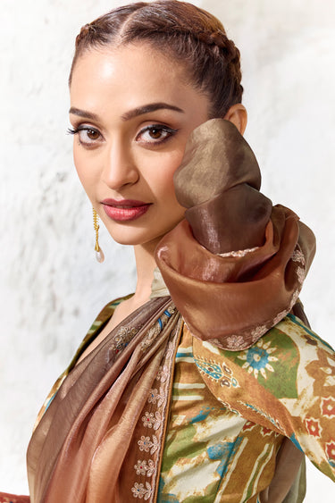 Luxurious Brown Organza Silk Saree With Lace Work