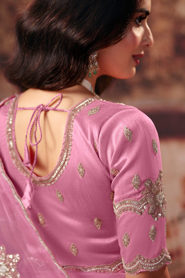 Designer Lace Border Work Pink Organza Saree With Heavy Blouse