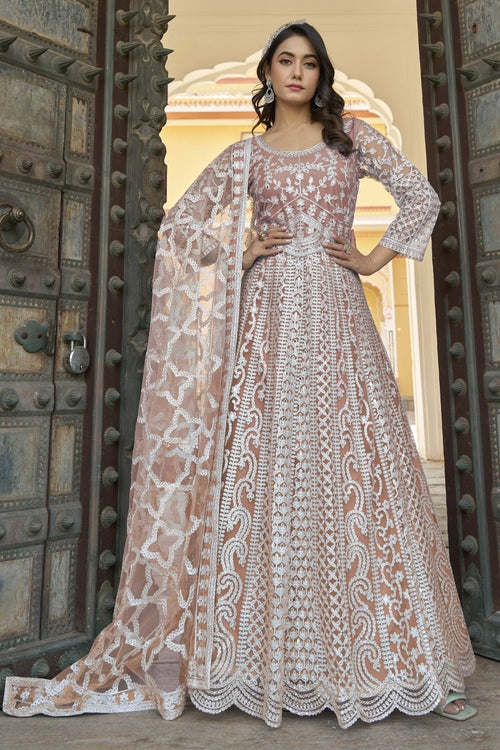 Peach Floor Touch Readymade Anarkali Style Gown With Dupatta