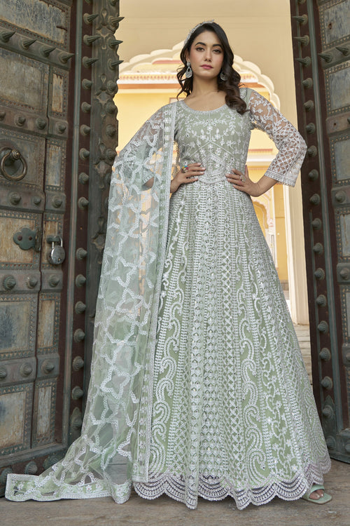 Sea Green Net Party Wear Readymade Anarkali Style Gown With Dupatta