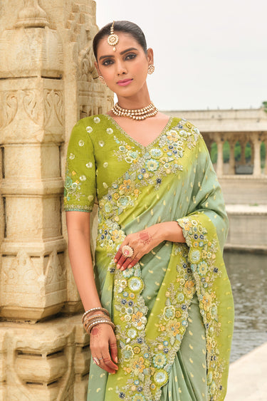 Royal Tissue Silk Heavy Embroidered Designer Bridal Saree With Raw Silk Blouse