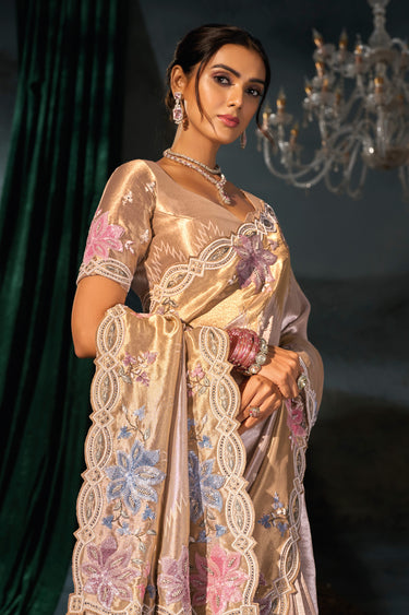 Elegant Cream Silk Bridal Wear Saree With Unstitched Blouse