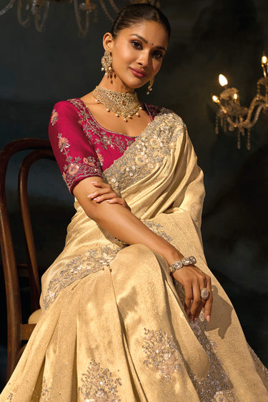 Traditional Beige Kanjivaram Jacquard Bridal Saree With Unstitched Blouse