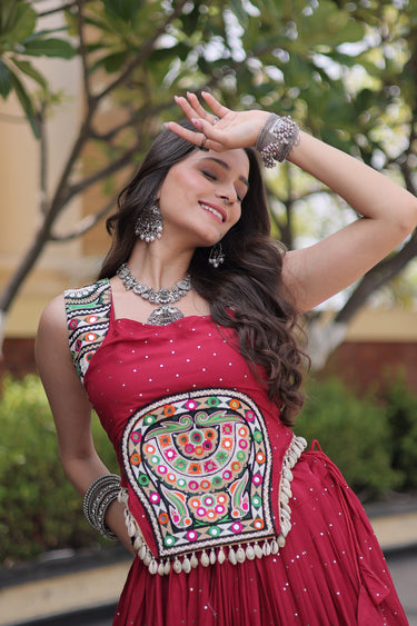 Classic Maroon Rayon Gamthi Mirror Work Festive Wear Lehenga Choli