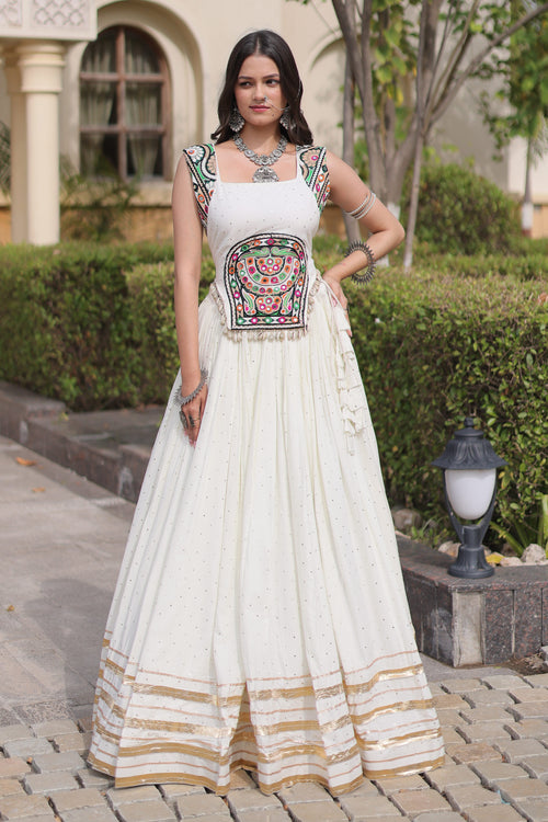 Traditional White Rayon Gamthi Mirror Work Lehenga Choli