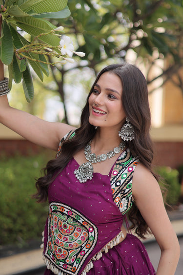 Elegant Purple Rayon Ethnic Gamthi Mirror Work Lehenga Choli