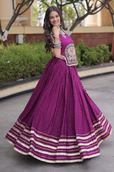 Elegant Purple Rayon Ethnic Gamthi Mirror Work Lehenga Choli