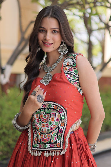 Designer Rust Rayon Gamthi Mirror Work Festive Collection Lehenga Choli