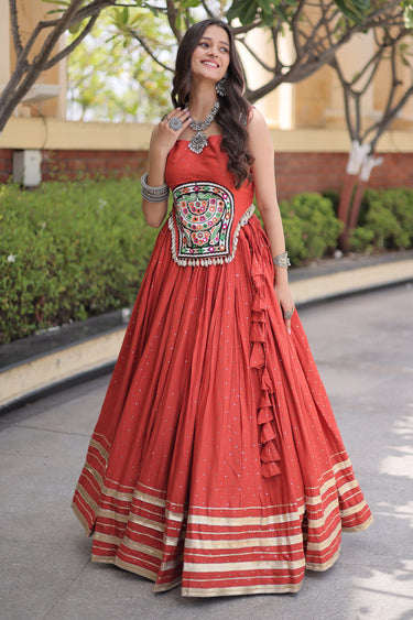 Designer Rust Rayon Gamthi Mirror Work Festive Collection Lehenga Choli