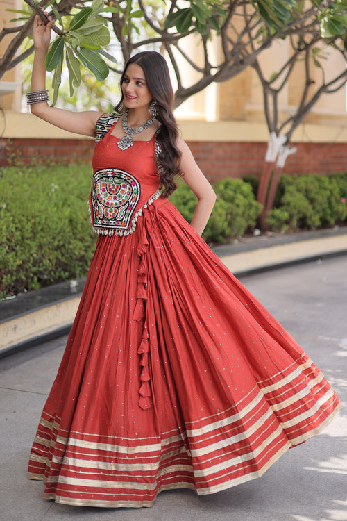 Designer Rust Rayon Gamthi Mirror Work Festive Collection Lehenga Choli