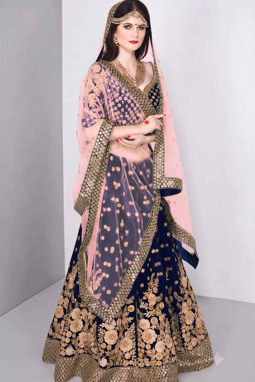 Royal Velvet Wedding Lehenga With Semi Stitched Pure Velvet Blouse