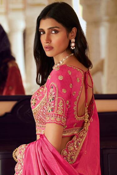 Premium Rani Banarasi Silk Zari Embroidered Unstitched Bridal Lehenga Choli