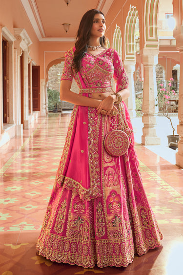 Premium Rani Banarasi Silk Zari Embroidered Unstitched Bridal Lehenga Choli