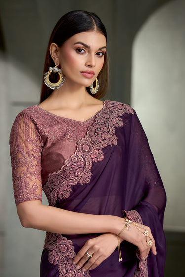 Gorgeous Purple Satin Silk Embroidered Border Saree With Unstitched Contrast Blouse