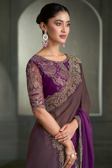 Purple Embroidered Lace Border Saree With Unstitched Contrast Blouse