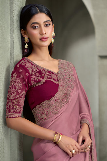 Traditional Satin Georgette Embroidered Pink Saree With Lace Border And Contrast Blouse