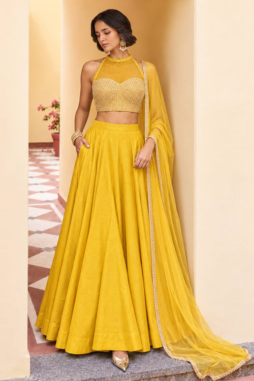 Yellow Designer Sequins Corset Top With Lehenga