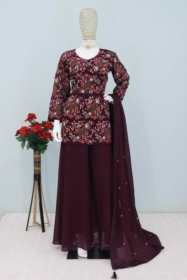 Embroidered Purple Readymade Palazzo Salwar Kameez In Chinon Fabric