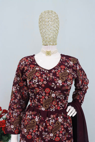 Embroidered Purple Readymade Palazzo Salwar Kameez In Chinon Fabric