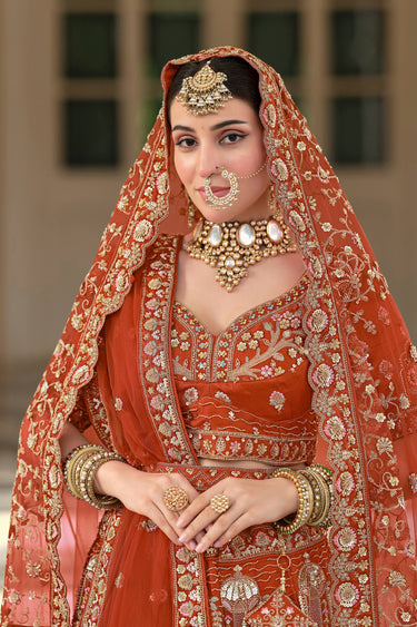 Heritage Rust Silk Bridal Wedding Lehenga With Net Dupatta