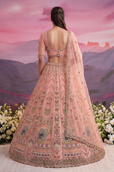 Peach Elegant Net Embroidered Wedding Lehenga Choli