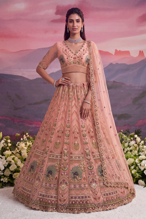 Peach Elegant Net Embroidered Wedding Lehenga Choli