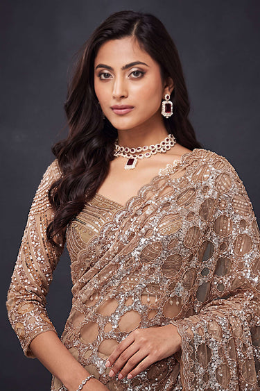 Beige Bridal Collection Embellished Net Saree