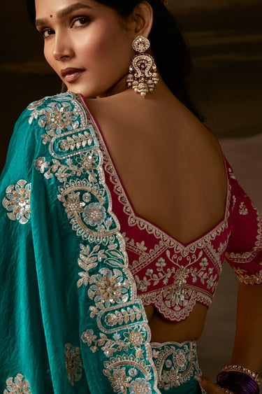 Exquisite Teal Organza Lace Border Embroidered Occasion Wear Saree