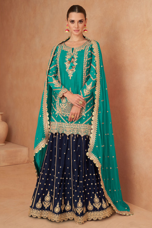 Embroidered Festive Wear Chinon Cyan Readymade Sharara Top Lehenga