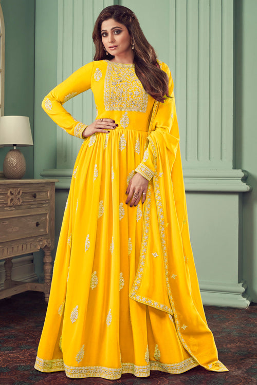 Shamita Shetty Georgette Anarkali Salwar Suit In Yellow Color