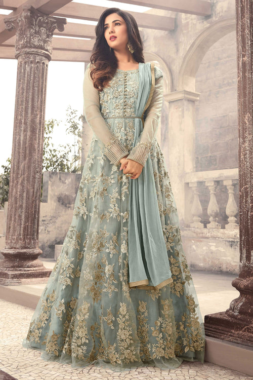 Sonal Chauhan Light Cyan Embroidered Georgette Anarkali Salwar Kameez