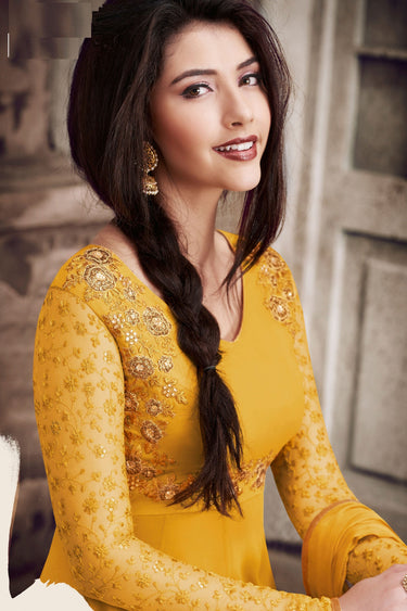 Georgette Anarkali Suit In Yellow Color