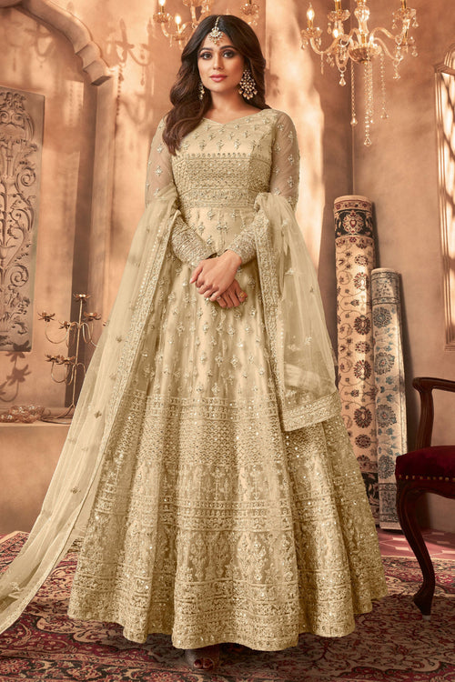 Shamita Shetty Beige Net Long Anarkali Suit