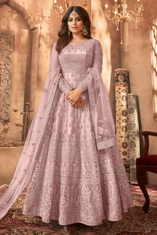 Shamita Shetty Net Embroidered Pink Long Anarkali Salwar Suit With Dupatta