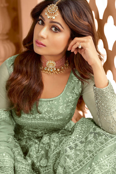 Shamita Shetty Net Sea Green Designer Anarkali Salwar Suit