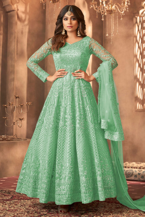Shamita Shetty Net Sea Green Embroidered Anarkali Salwar Suit
