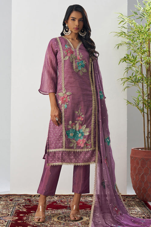 Embroidered Fancy Fabric Lavender Readymade Designer Suit