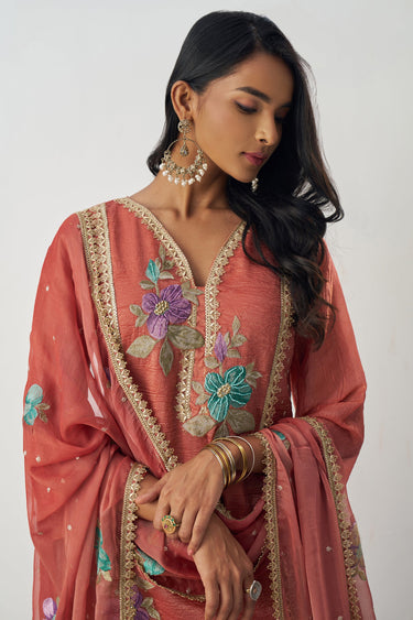 Fancy Fabric Peach Embroidered Readymade Designer Dress