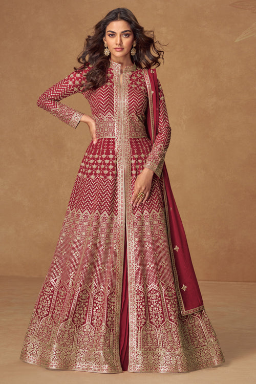 Georgette Maroon Festive Wear Long Top With Skirt