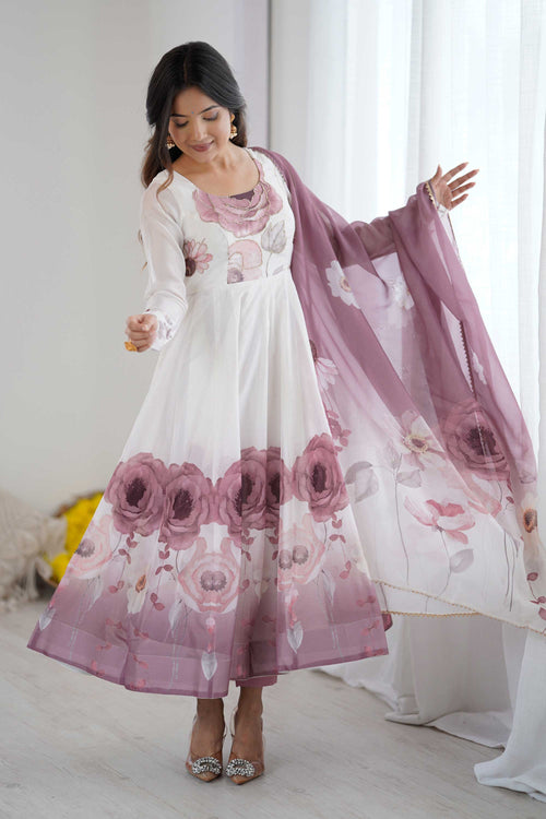 Wine Floral Print Readymade Anarkali Salwar Kameez