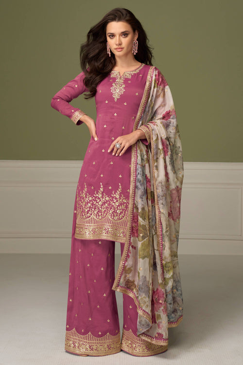 Pink Art Silk Embroidered Readymade Palazzo Suit
