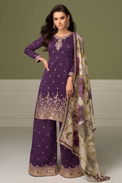 Embroidered Art Silk Purple Readymade Palazzo Salwar Kameez